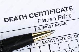 Death certificate form with pen for death certificate apostille