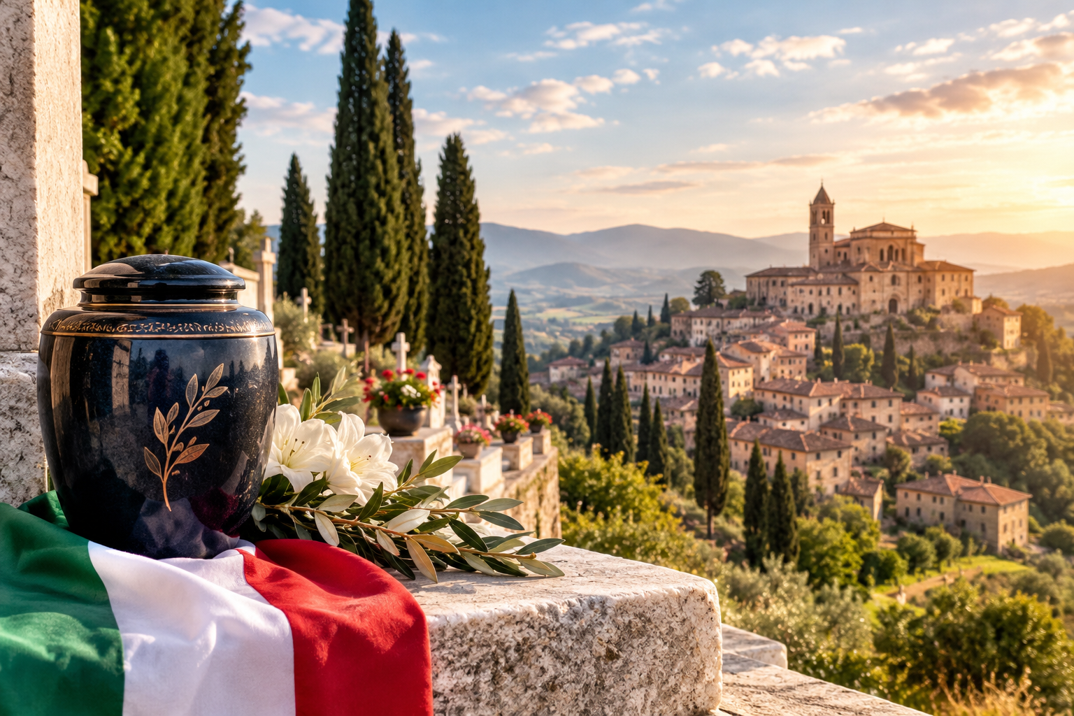 Cremation urn with white lilies and an olive branch on a stone wall overlooking a cypress-lined cemetery and an Italian hill town