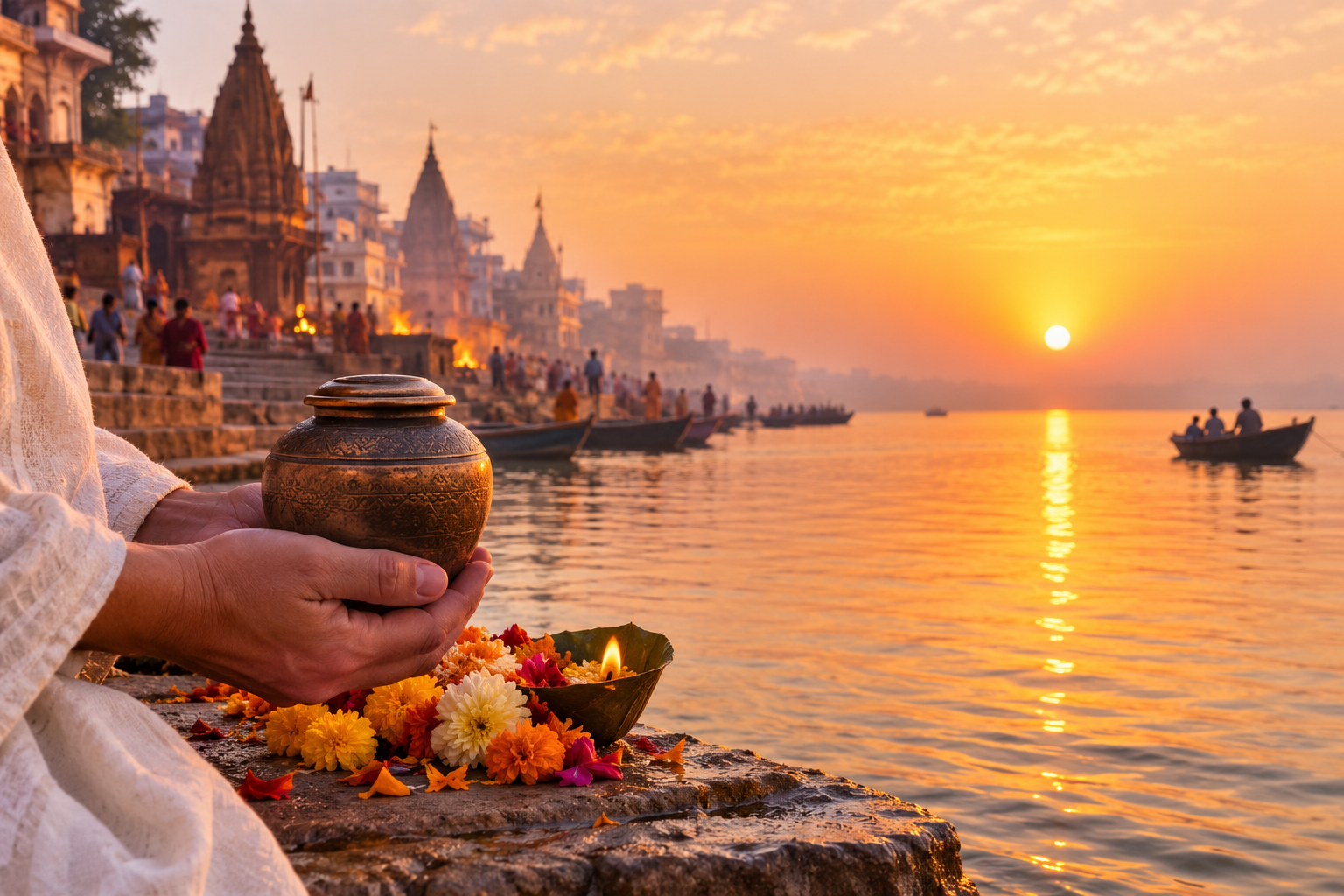 Hands holding a brass urn beside flowers and an oil lamp on the bank of the Ganges at sunrise