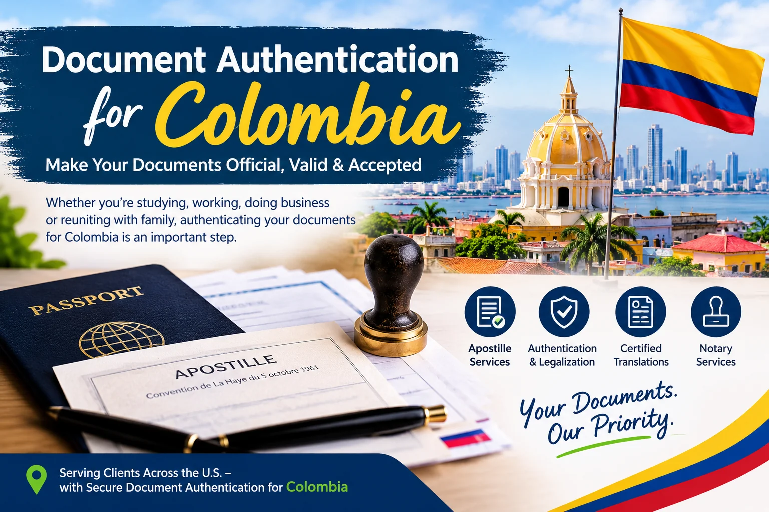 Document authentication for Colombia banner showing a U.S. passport, apostille certificate and stamp beside the Colombian flag and Cartagena skyline