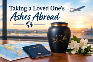 Cremation urn beside a passport, a world map and white flowers at an airport window, with the title Taking a Loved One's Ashes Abroad