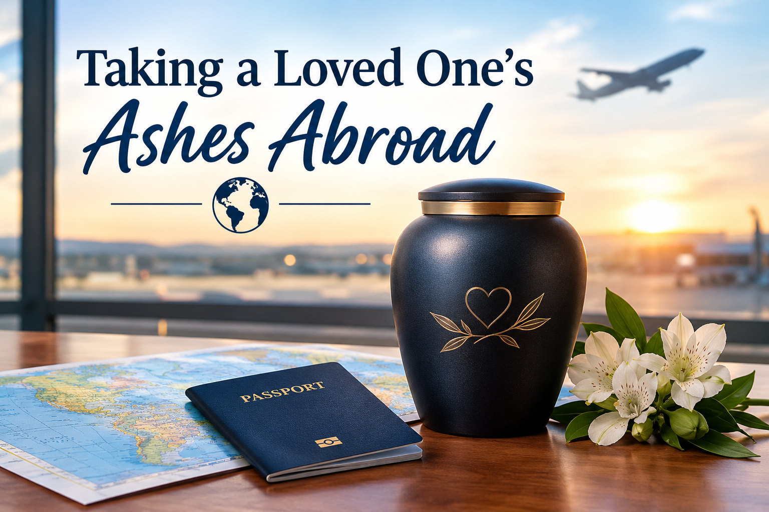 Cremation urn beside a passport, a world map and white flowers at an airport window, with the title Taking a Loved One's Ashes Abroad